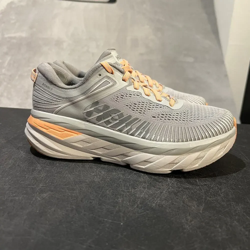 Hoka One One Bondi 7 Shoes Womens Size 7 Gray Peach Running Sneakers Cushioned